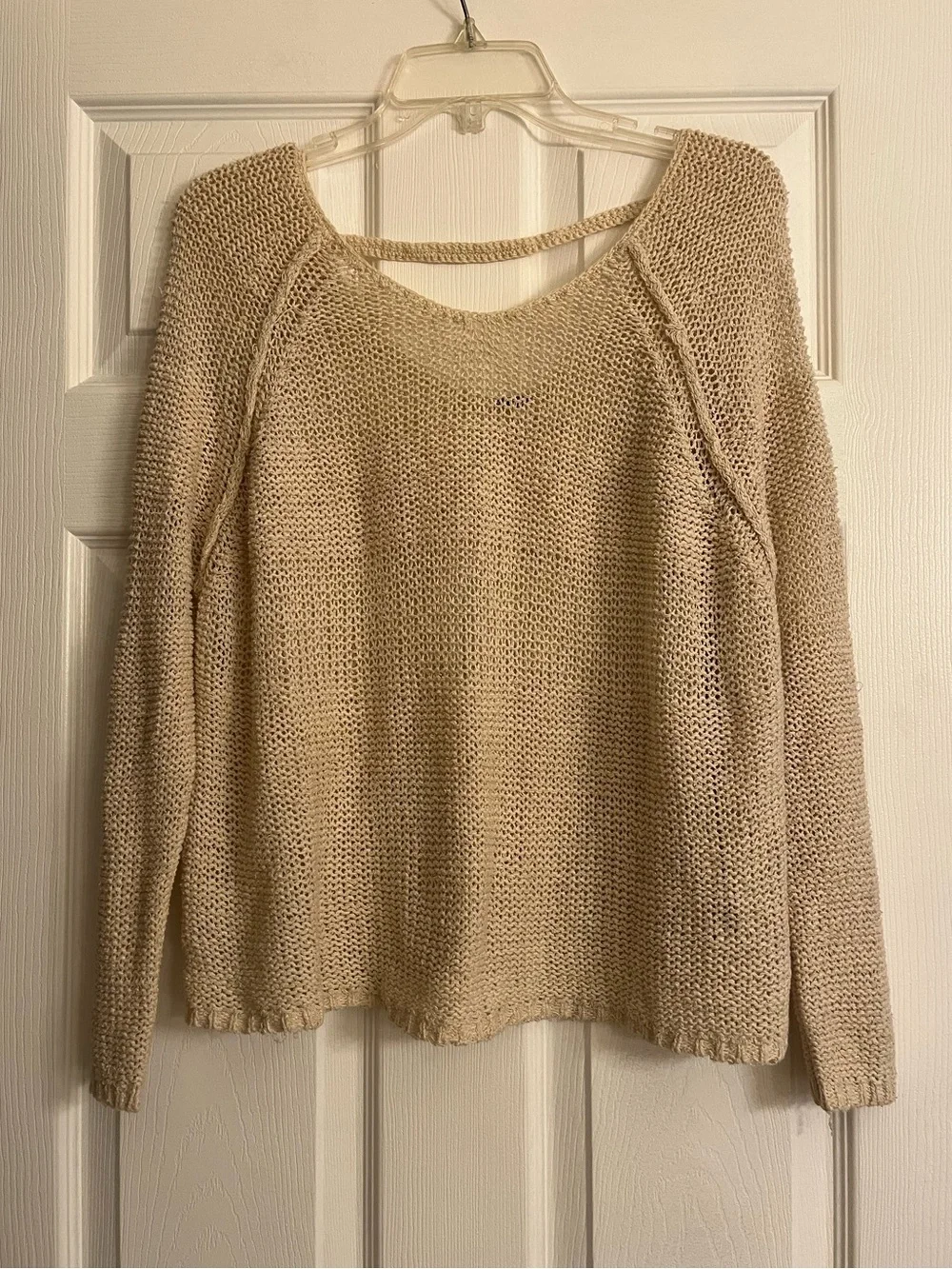 Free People Beige V-Neck Open Knit Sweater